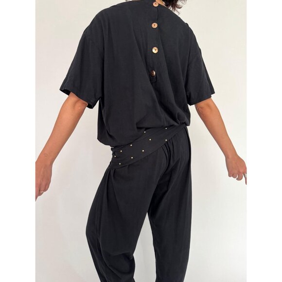 80s black embellished gold seashell retro loose cotton pant one piece jumpsuit - Picture 7 of 10